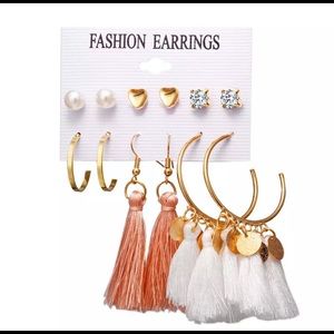 Tassel fashion earring set studs hoops pink white